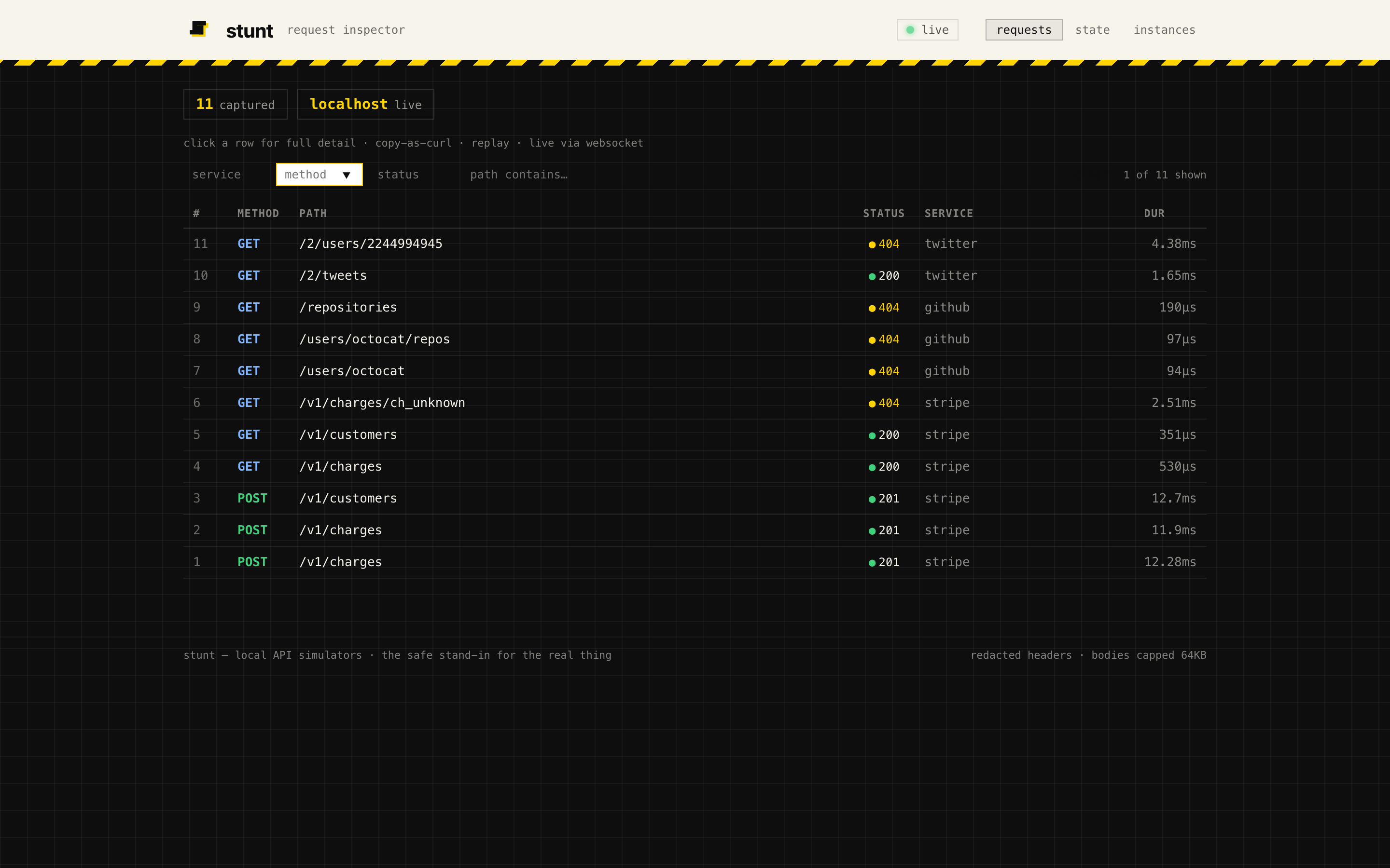 stunt dashboard: live request inspector feed