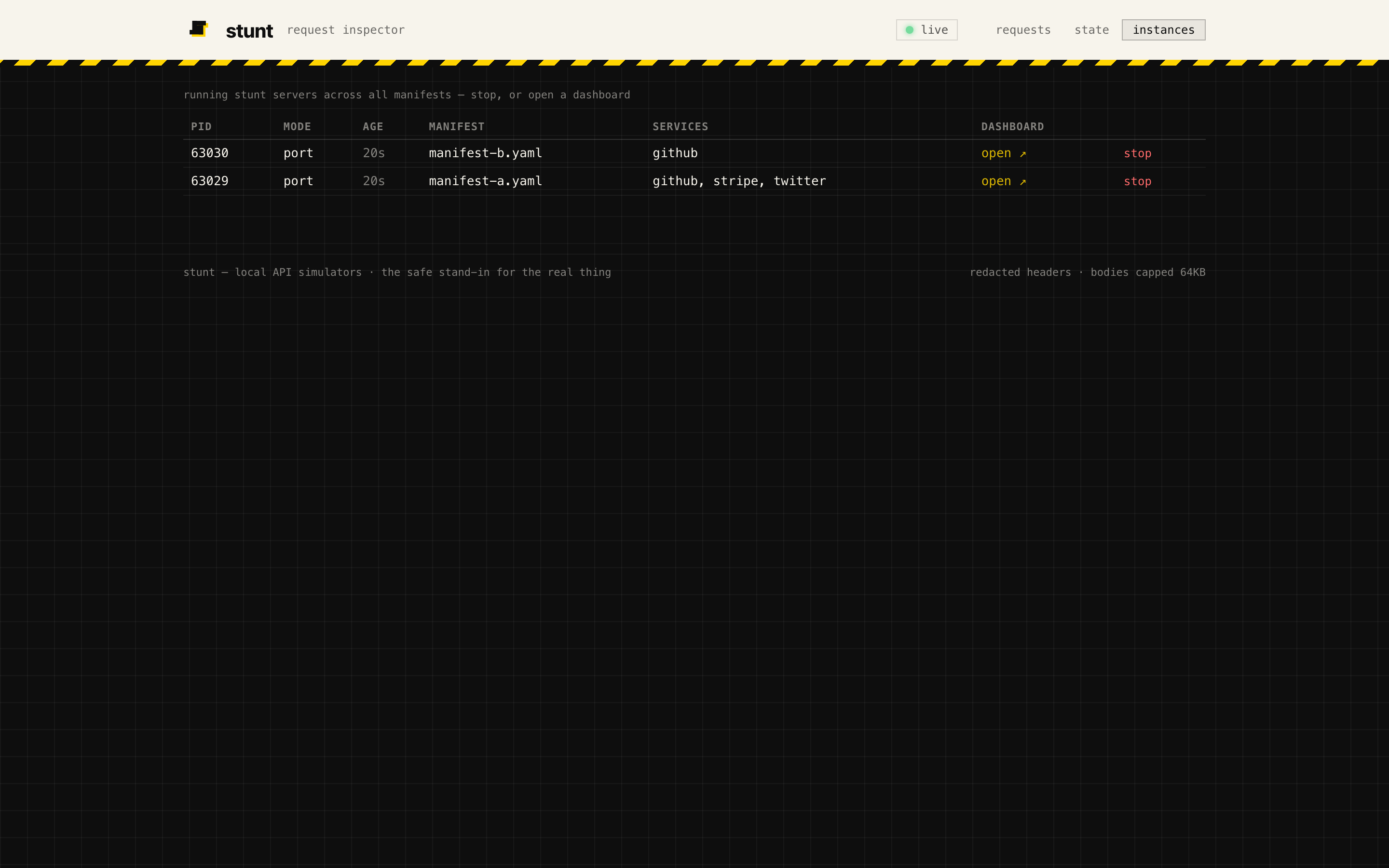 instance manager: running servers with stop + open-dashboard