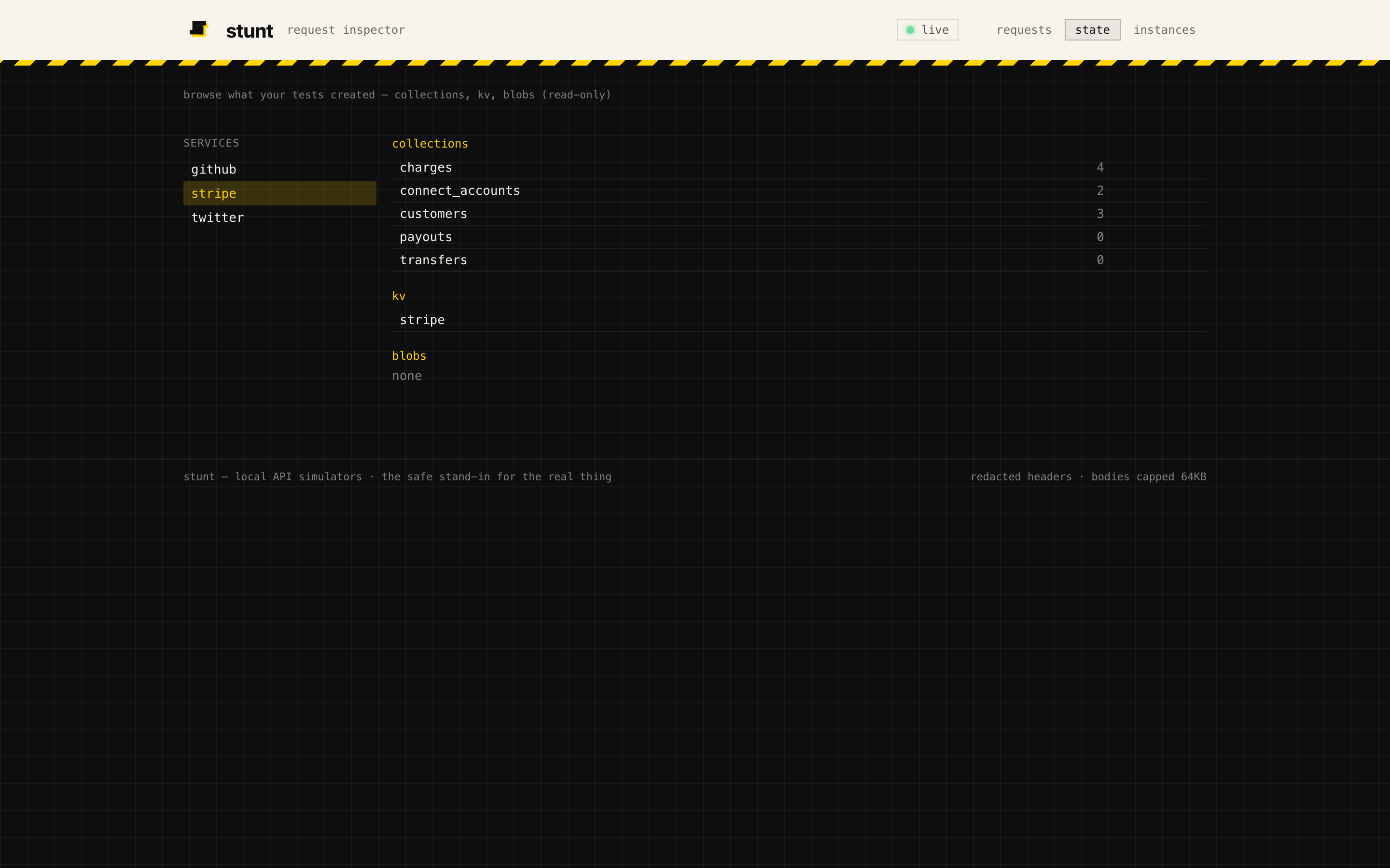 state browser: collections with counts, kv and blob namespaces